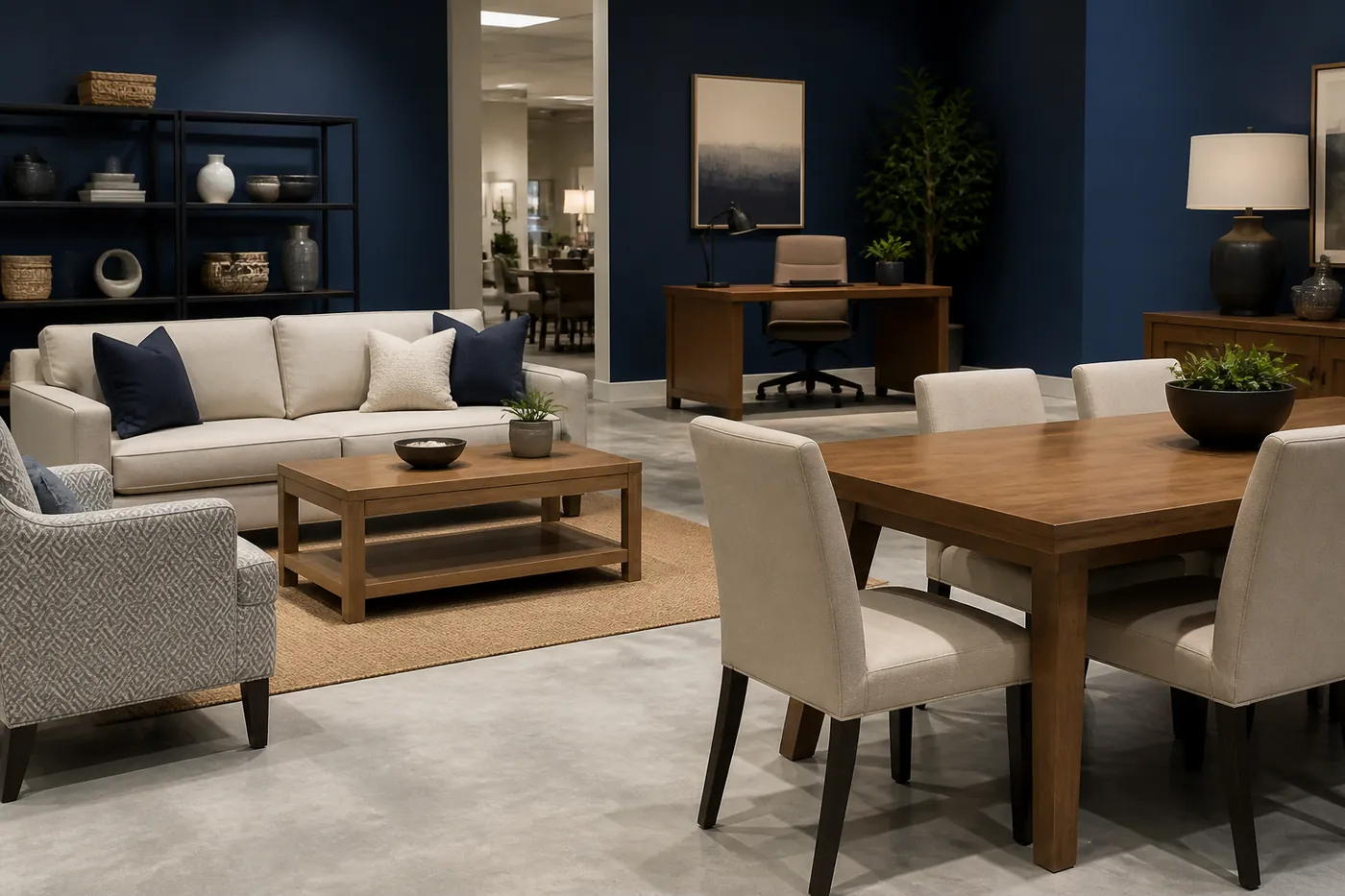 Home and office furniture in a bright showroom