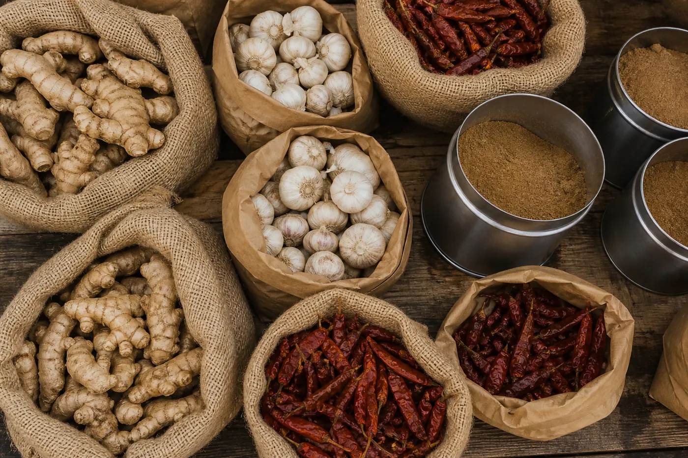 Bulk kitchen spices in bags and plain tins