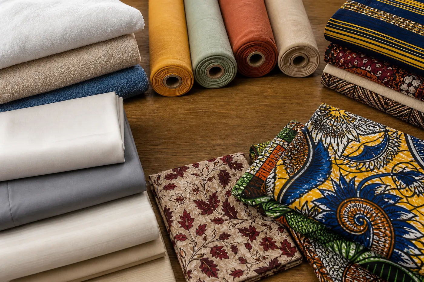 Folded home textiles and fabric rolls on a wooden table